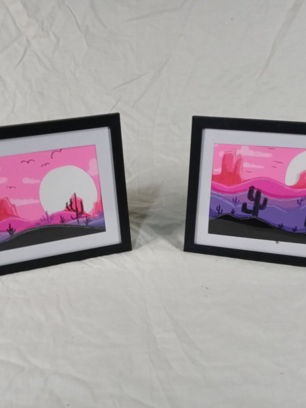 NEW 3D Original Handmade Pink Desert Boho Style Framed Landscapes Artwork Bundle